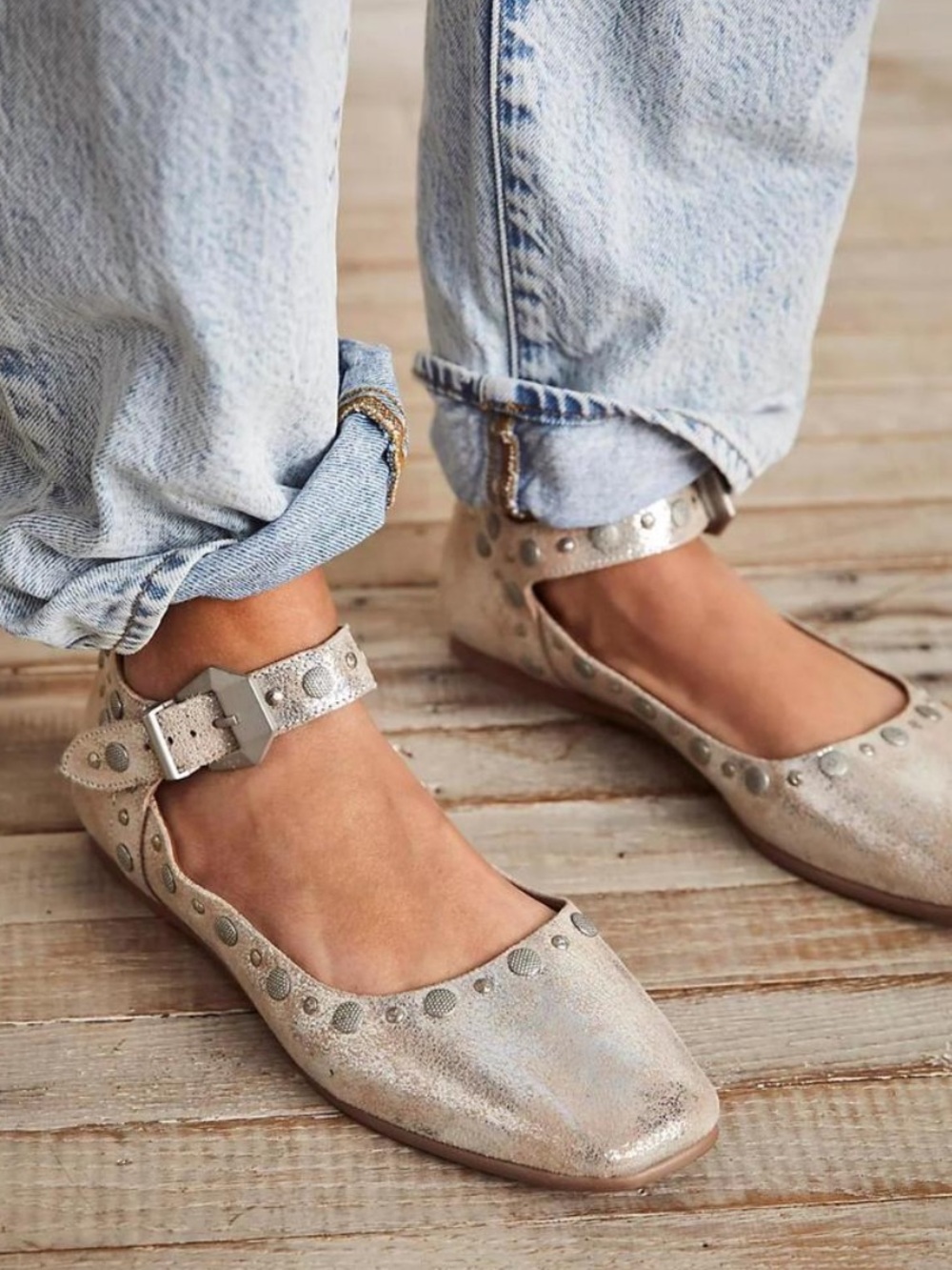 FREE PEOPLE Mystic Mary Jane Flats Champagne Studded Festival Size 38 - Picture 14 of 14